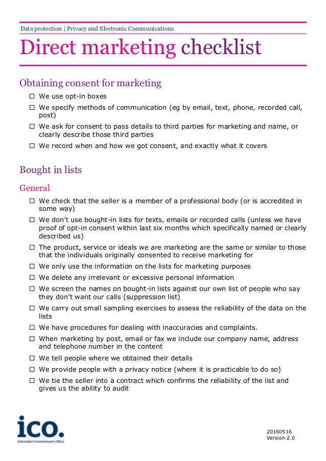 Direct marketing checklists